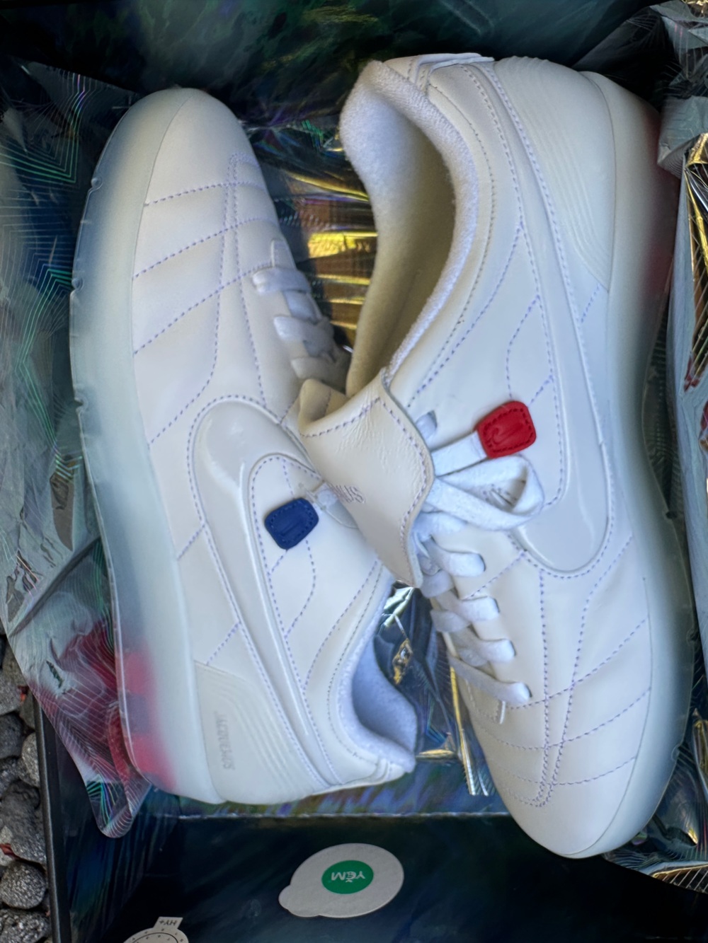 Jacquemus/ Nike Cryoshot White Low-Top Sneakers with Red & Blue Tabs